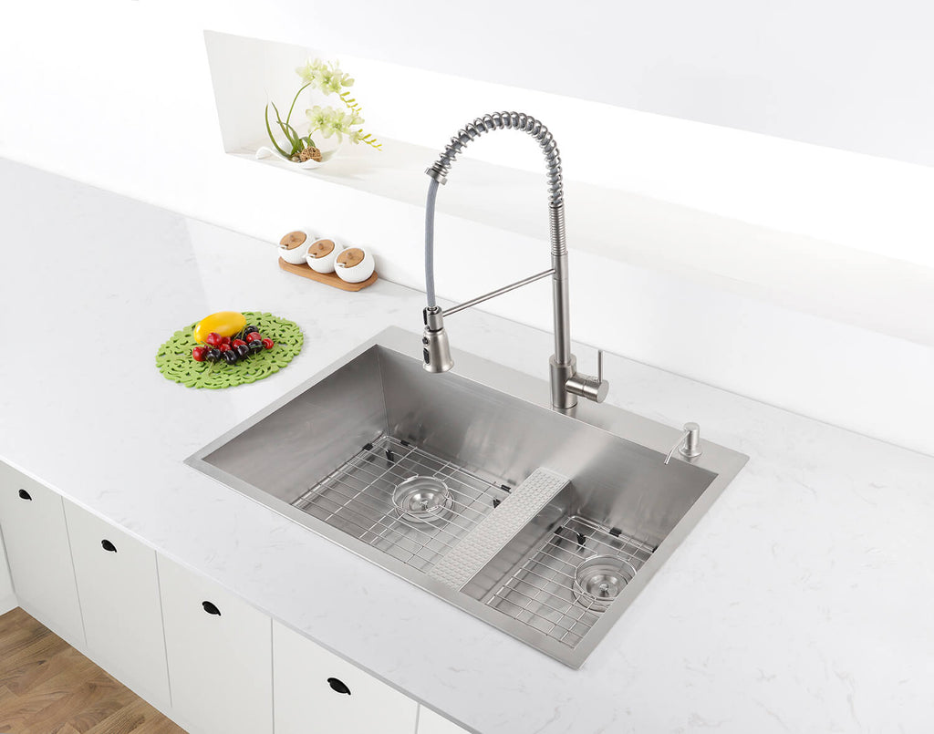 Tirana Model: RVH8059 Ruvati 33-inch Drop-in Low Platform-Divide Zero Radius 60/40 Double Bowl 16 Gauge Topmount Kitchen Sink – RVH8059