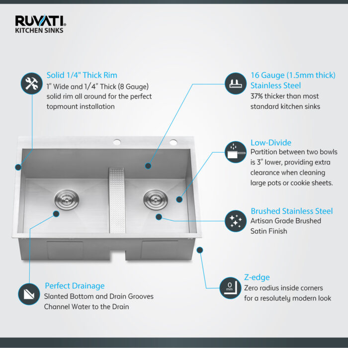 Tirana Model: RVH8059 Ruvati 33-inch Drop-in Low Platform-Divide Zero Radius 60/40 Double Bowl 16 Gauge Topmount Kitchen Sink – RVH8059