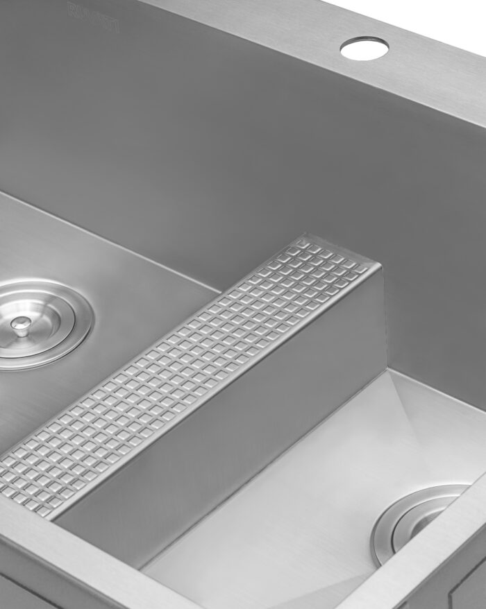 Tirana Model: RVH8059 Ruvati 33-inch Drop-in Low Platform-Divide Zero Radius 60/40 Double Bowl 16 Gauge Topmount Kitchen Sink – RVH8059