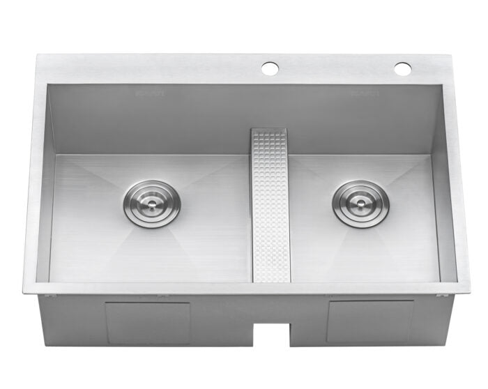 Tirana Model: RVH8059 Ruvati 33-inch Drop-in Low Platform-Divide Zero Radius 60/40 Double Bowl 16 Gauge Topmount Kitchen Sink – RVH8059