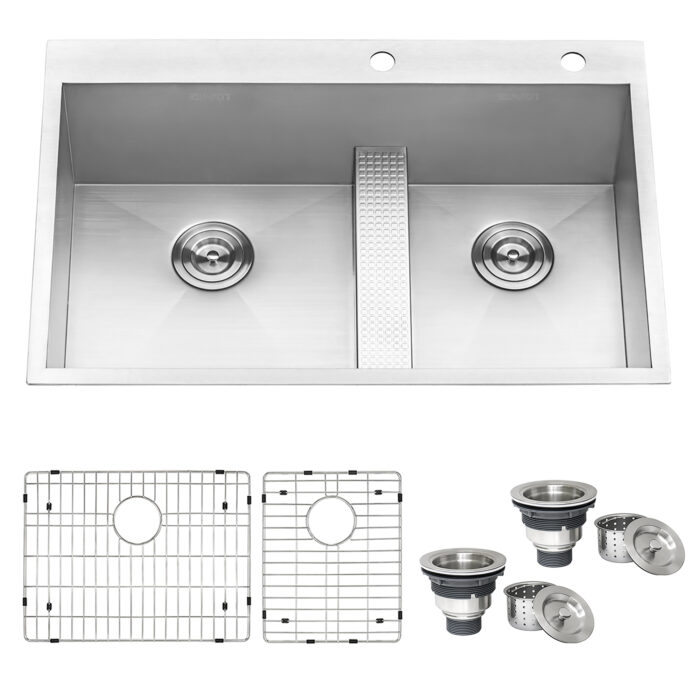 Tirana Model: RVH8059 Ruvati 33-inch Drop-in Low Platform-Divide Zero Radius 60/40 Double Bowl 16 Gauge Topmount Kitchen Sink – RVH8059