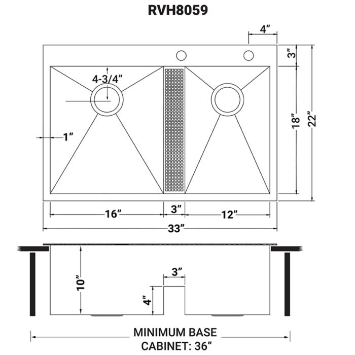 Tirana Model: RVH8059 Ruvati 33-inch Drop-in Low Platform-Divide Zero Radius 60/40 Double Bowl 16 Gauge Topmount Kitchen Sink – RVH8059