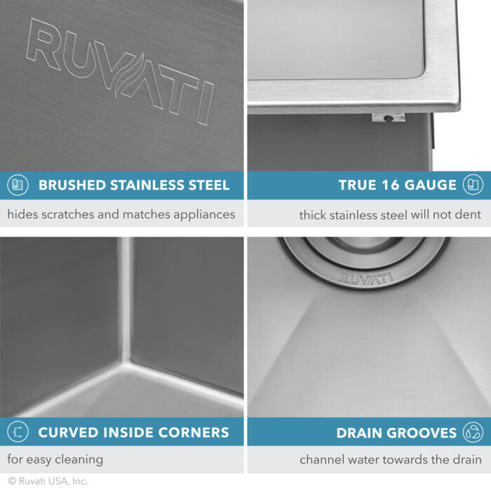 Tirana Pro Model: RVH8071 Ruvati 21 inch Drop-in Topmount Rounded 16 Gauge Stainless Steel Kitchen Sink Single Bowl – RVH8071