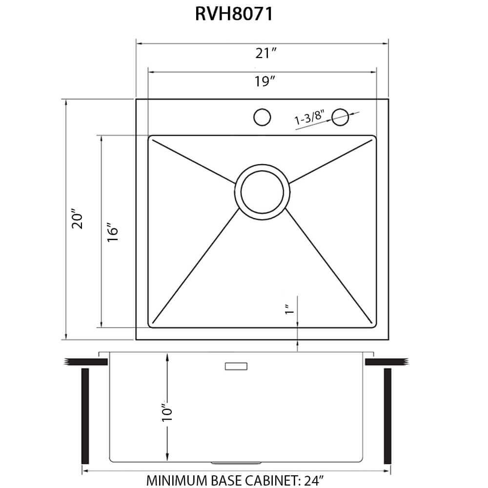 Tirana Pro Model: RVH8071 Ruvati 21 inch Drop-in Topmount Rounded 16 Gauge Stainless Steel Kitchen Sink Single Bowl – RVH8071