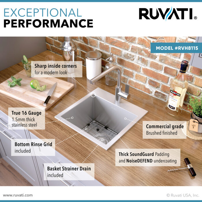 Tirana Model: RVH8115 Ruvati 15 x 15 inch Drop-in Topmount Bar Prep Sink 16 Gauge Stainless Steel Single Bowl – RVH8115