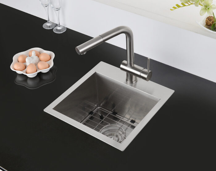 Tirana Model: RVH8115 Ruvati 15 x 15 inch Drop-in Topmount Bar Prep Sink 16 Gauge Stainless Steel Single Bowl – RVH8115