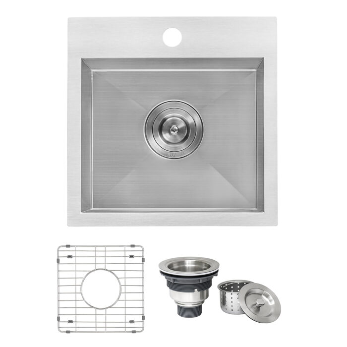 Tirana Model: RVH8115 Ruvati 15 x 15 inch Drop-in Topmount Bar Prep Sink 16 Gauge Stainless Steel Single Bowl – RVH8115