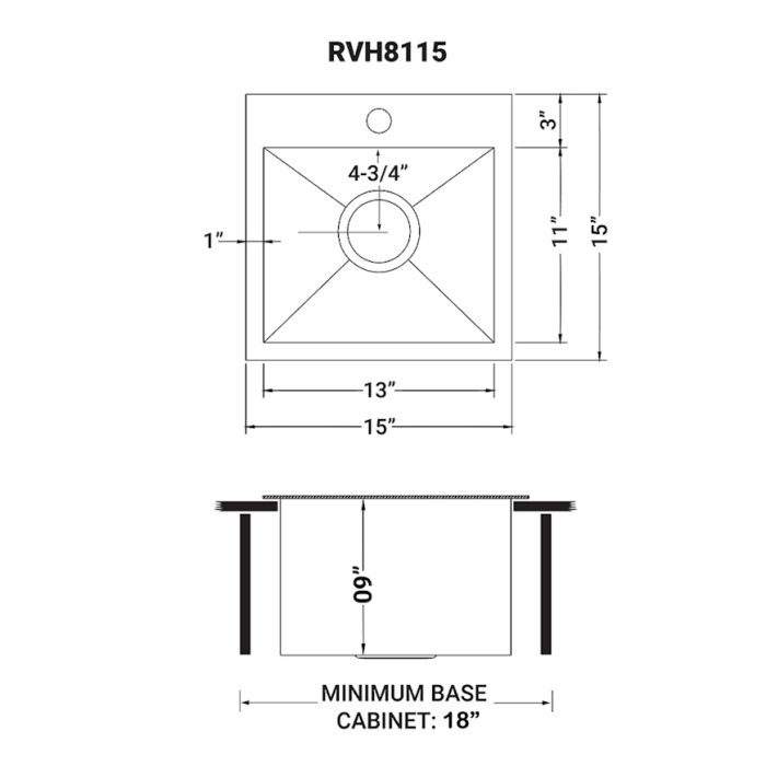 Tirana Model: RVH8115 Ruvati 15 x 15 inch Drop-in Topmount Bar Prep Sink 16 Gauge Stainless Steel Single Bowl – RVH8115
