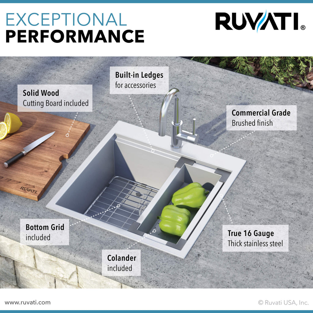 Vino Ruvati 21" x 20" RV Workstation Drop-in Topmount Bar Prep Kitchen Sink 16 Gauge Stainless Steel – Model # RVH8221