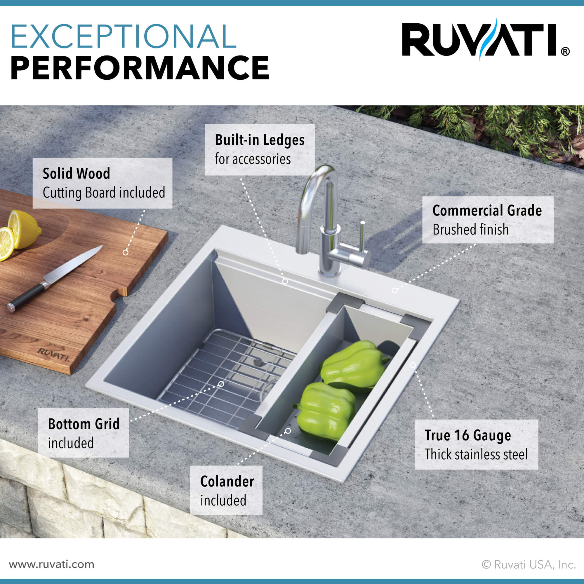 Vino Ruvati 21" x 20" RV Workstation Drop-in Topmount Bar Prep Kitchen Sink 16 Gauge Stainless Steel – Model # RVH8221