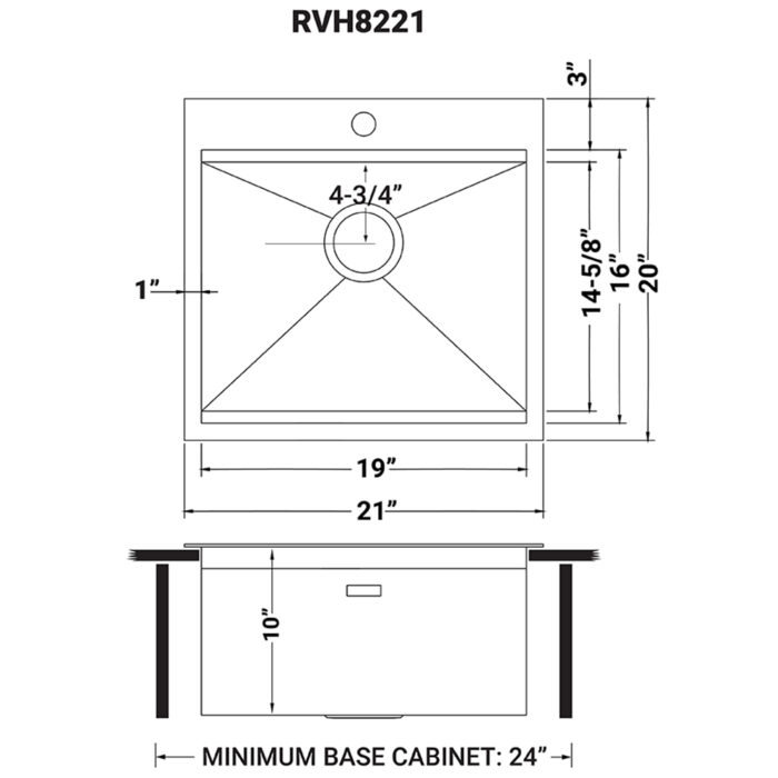 Vino Ruvati 21" x 20" RV Workstation Drop-in Topmount Bar Prep Kitchen Sink 16 Gauge Stainless Steel – Model # RVH8221