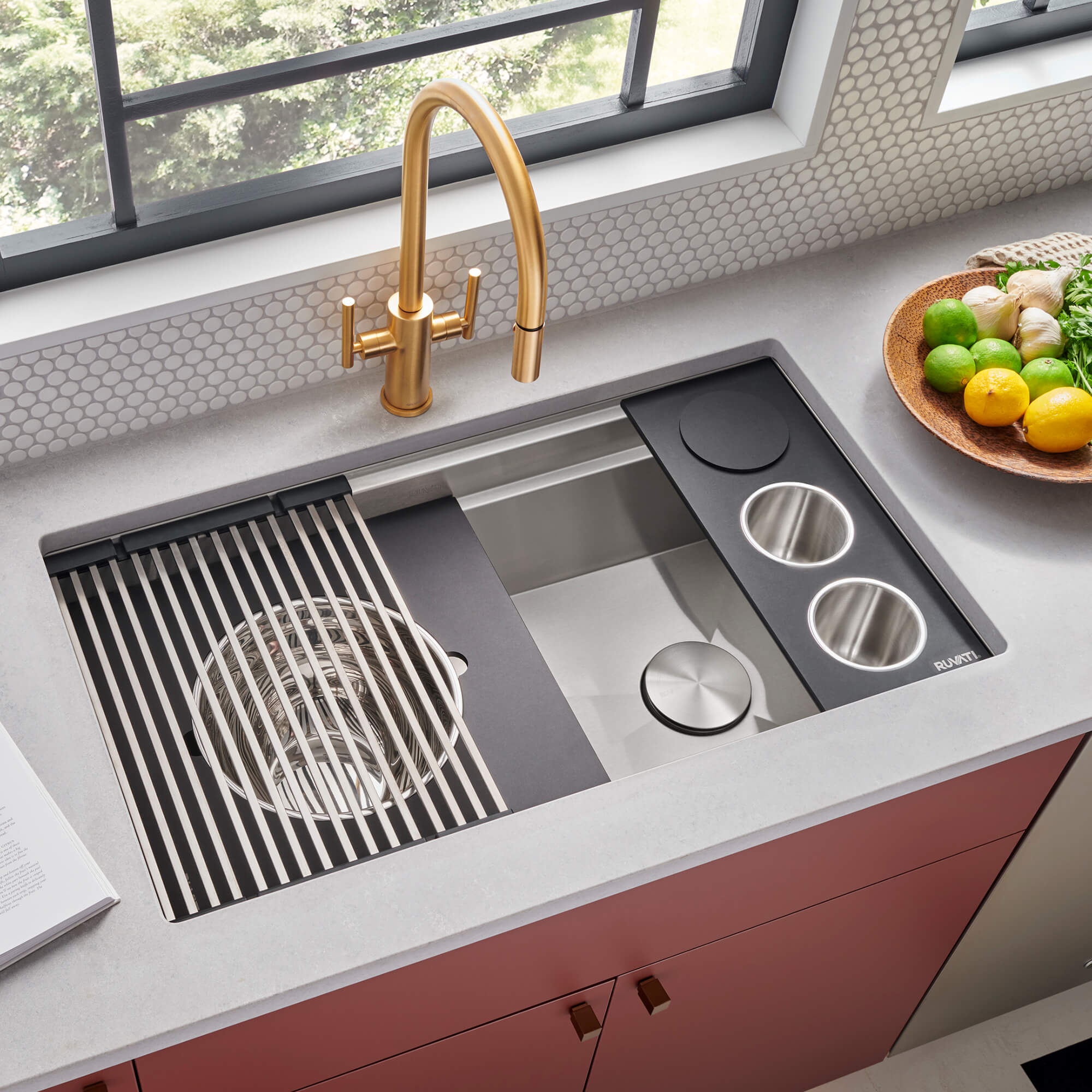 Dual-Tier Nova Ruvati 33-inch Workstation Two-Tiered Ledge Kitchen Sink Undermount 16 Gauge Stainless Steel – Model# RVH8224