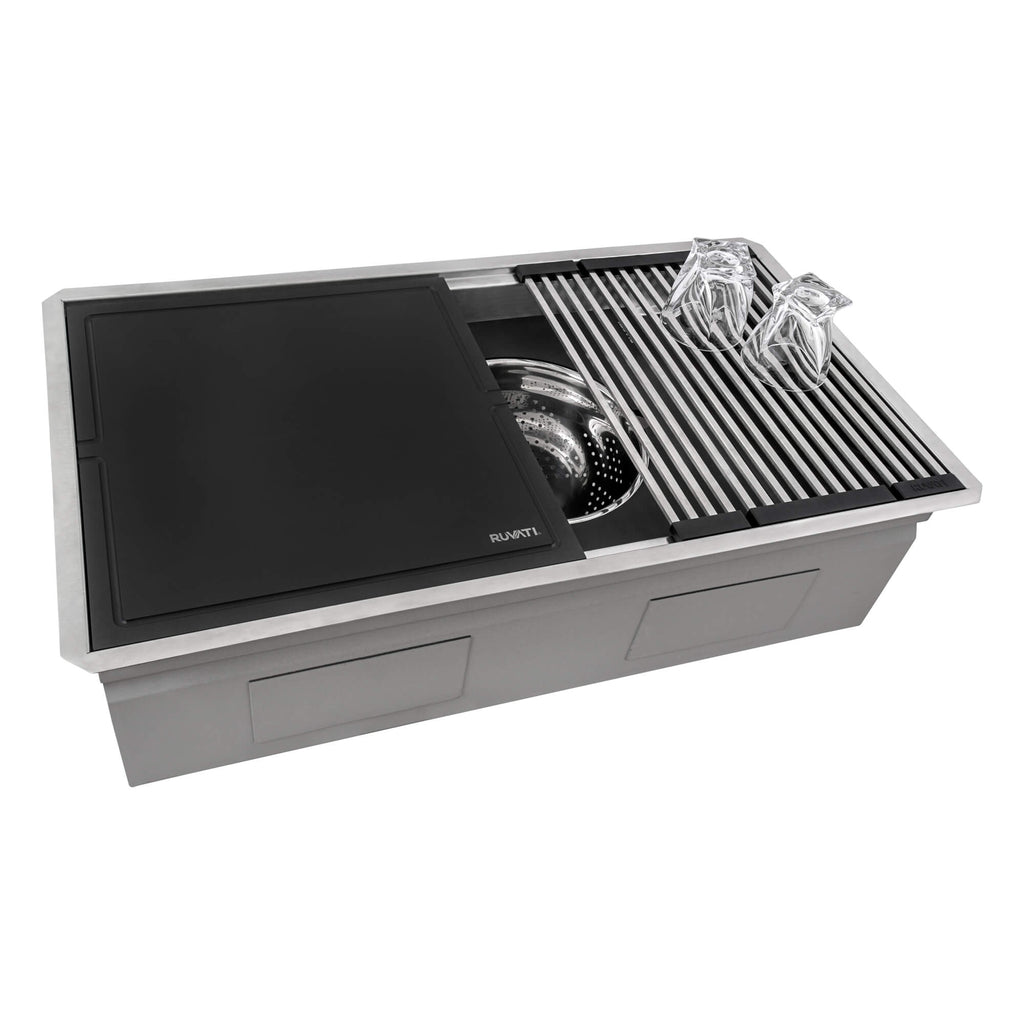 Dual-Tier Nova Ruvati 33-inch Workstation Two-Tiered Ledge Kitchen Sink Undermount 16 Gauge Stainless Steel – Model# RVH8224