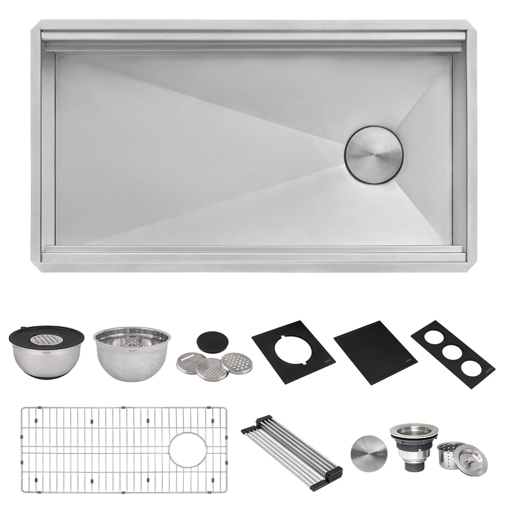 Dual-Tier Nova Ruvati 33-inch Workstation Two-Tiered Ledge Kitchen Sink Undermount 16 Gauge Stainless Steel – Model# RVH8224