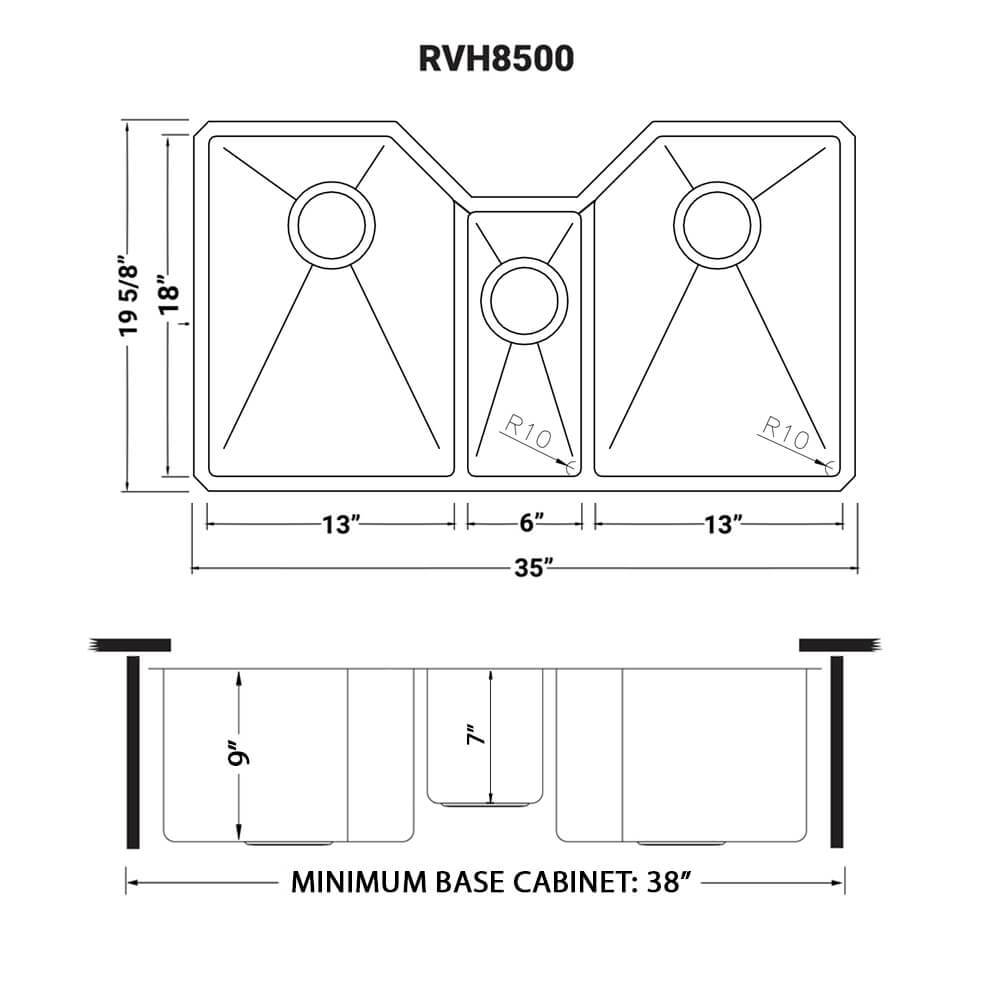 Gravena Ruvati 35″ Triple Bowl Undermount 16 Gauge Stainless Steel Kitchen Sink – Model # RVH8500