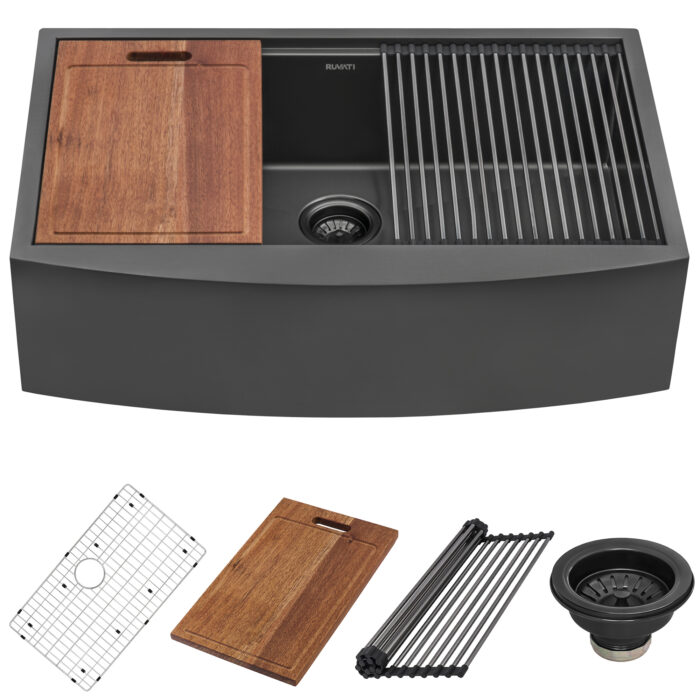 Monaco Ruvati 30" Gunmetal Black Workstation Apron-Front Stainless Steel Kitchen Sink – Model # RVH9106BL