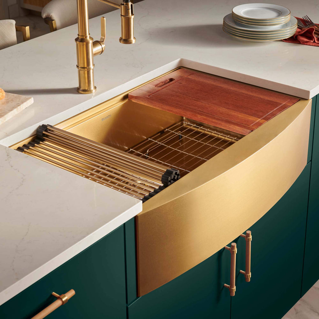 Monaco Ruvati 33" Matte Gold Workstation Apron-Front Stainless Steel Kitchen Sink – Model # RVH9207GG
