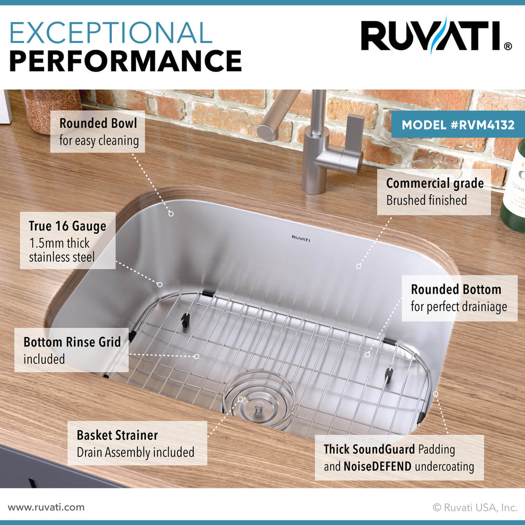 Parmi Model: RVM4132 Ruvati 24-inch Undermount 16 Gauge Stainless Steel Kitchen Sink Single Bowl – RVM4132