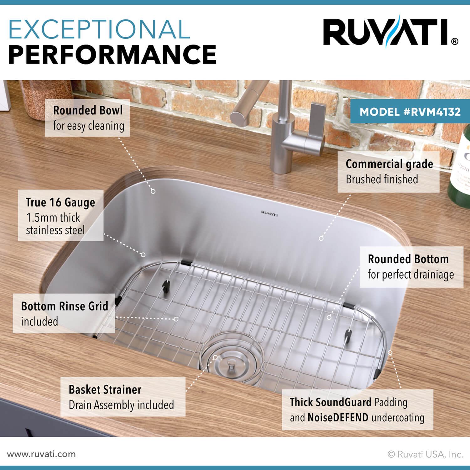Parmi Model: RVM4132 Ruvati 24-inch Undermount 16 Gauge Stainless Steel Kitchen Sink Single Bowl – RVM4132