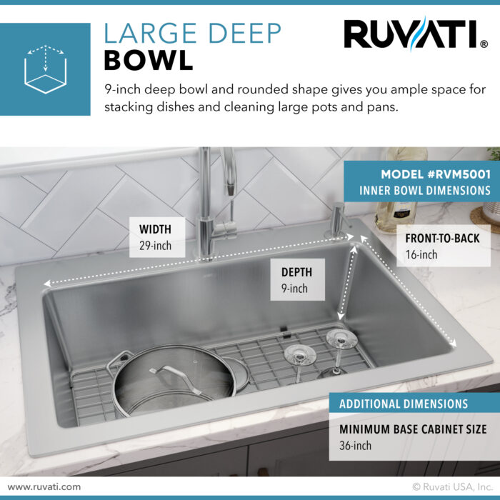 Modena Model: RVM5001 Ruvati 33 x 22 inch Drop-in Topmount Kitchen Sink 16 Gauge Stainless Steel Single Bowl – RVM5001