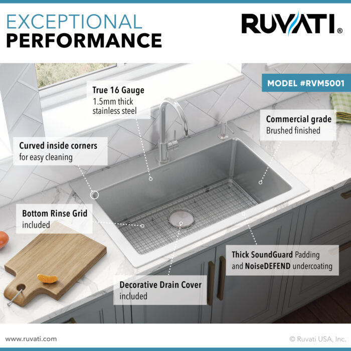 Modena Model: RVM5001 Ruvati 33 x 22 inch Drop-in Topmount Kitchen Sink 16 Gauge Stainless Steel Single Bowl – RVM5001