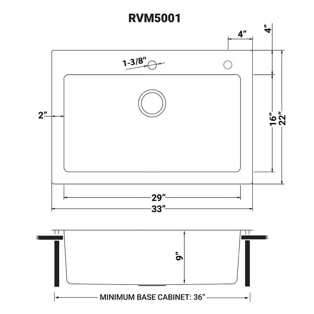 Modena Model: RVM5001 Ruvati 33 x 22 inch Drop-in Topmount Kitchen Sink 16 Gauge Stainless Steel Single Bowl – RVM5001