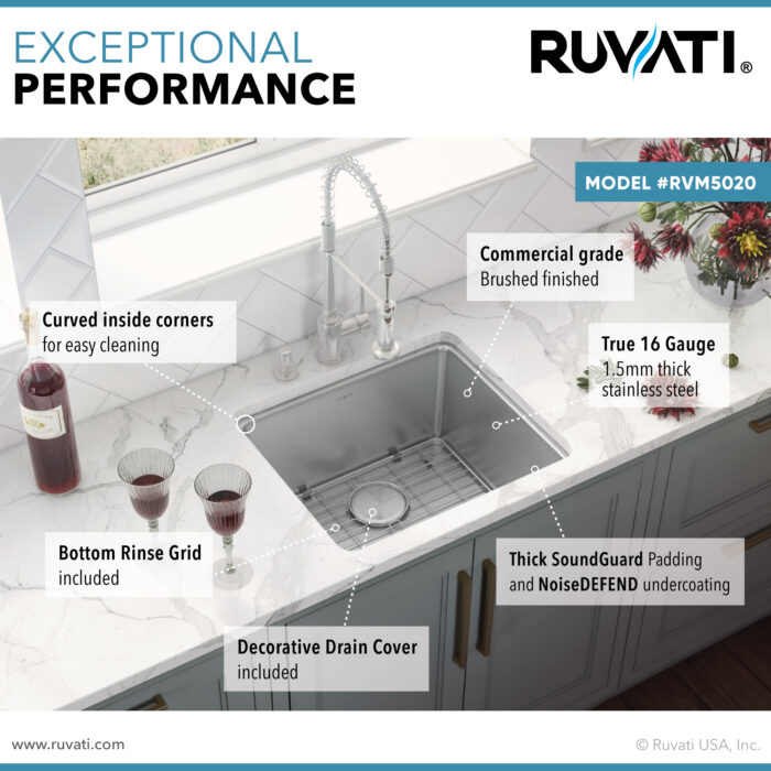 Modena Model: RVM5020 Ruvati 20-inch Undermount Bar Prep Kitchen Sink 16 Gauge Stainless Steel Single Bowl – RVM5020