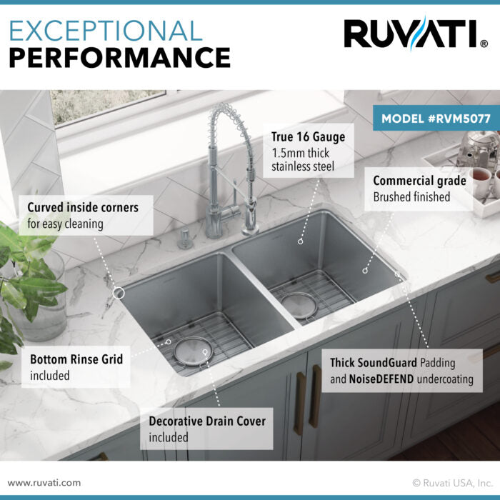 Modena Model: RVM5077 Ruvati 28-inch Undermount Kitchen Sink 50/50 Double Bowl 16 Gauge Stainless Steel – RVM5077