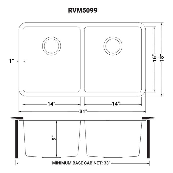 Modena Model: RVM5099 Ruvati 31-inch Undermount Kitchen Sink 50/50 Double Bowl 16 Gauge Stainless Steel – RVM5099