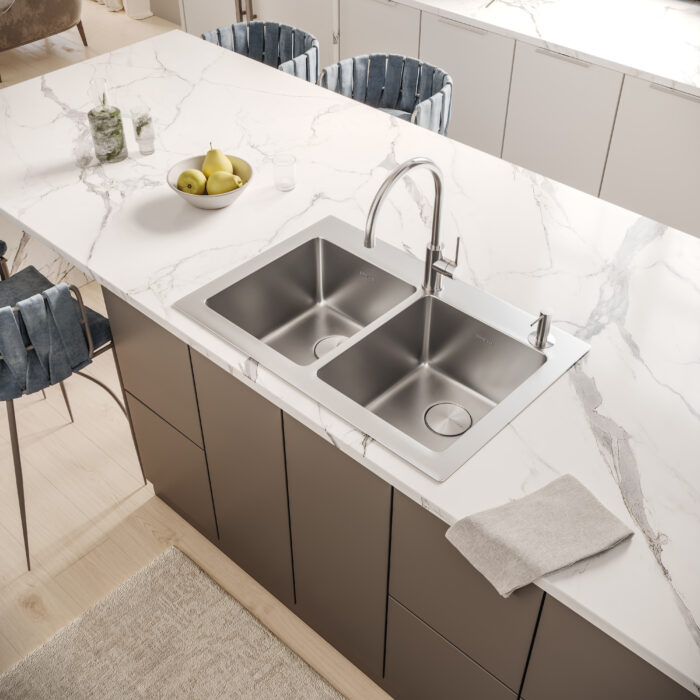 Modena Model: RVM5150 Ruvati 33 x 22 inch Drop-in Topmount Kitchen Sink 16 Gauge Stainless Steel 50/50 Double Bowl – RVM5150