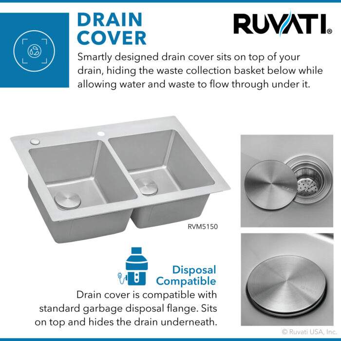 Modena Model: RVM5150 Ruvati 33 x 22 inch Drop-in Topmount Kitchen Sink 16 Gauge Stainless Steel 50/50 Double Bowl – RVM5150