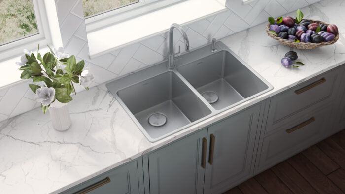 Modena Model: RVM5150 Ruvati 33 x 22 inch Drop-in Topmount Kitchen Sink 16 Gauge Stainless Steel 50/50 Double Bowl – RVM5150