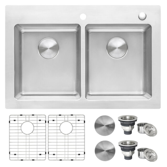 Modena Model: RVM5150 Ruvati 33 x 22 inch Drop-in Topmount Kitchen Sink 16 Gauge Stainless Steel 50/50 Double Bowl – RVM5150
