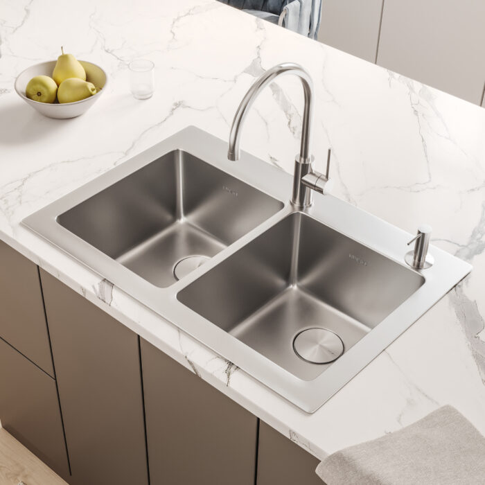 Modena Model: RVM5150 Ruvati 33 x 22 inch Drop-in Topmount Kitchen Sink 16 Gauge Stainless Steel 50/50 Double Bowl – RVM5150
