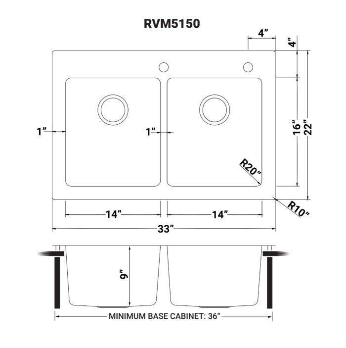 Modena Model: RVM5150 Ruvati 33 x 22 inch Drop-in Topmount Kitchen Sink 16 Gauge Stainless Steel 50/50 Double Bowl – RVM5150