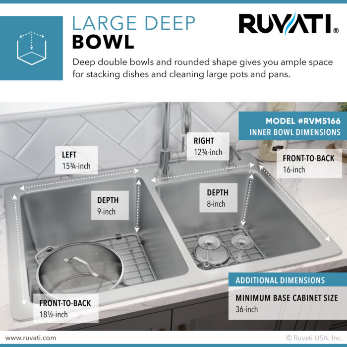 Modena Model: RVM5166 Ruvati 33 x 22 inch Drop-in Topmount Kitchen Sink 16 Gauge Stainless Steel 60/40 Double Bowl – RVM5166
