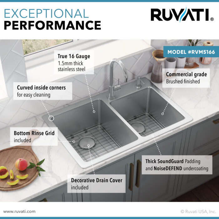 Modena Model: RVM5166 Ruvati 33 x 22 inch Drop-in Topmount Kitchen Sink 16 Gauge Stainless Steel 60/40 Double Bowl – RVM5166