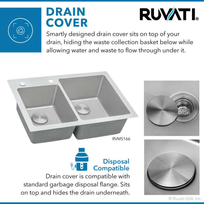 Modena Model: RVM5166 Ruvati 33 x 22 inch Drop-in Topmount Kitchen Sink 16 Gauge Stainless Steel 60/40 Double Bowl – RVM5166