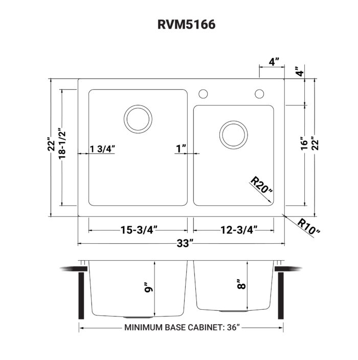 Modena Model: RVM5166 Ruvati 33 x 22 inch Drop-in Topmount Kitchen Sink 16 Gauge Stainless Steel 60/40 Double Bowl – RVM5166