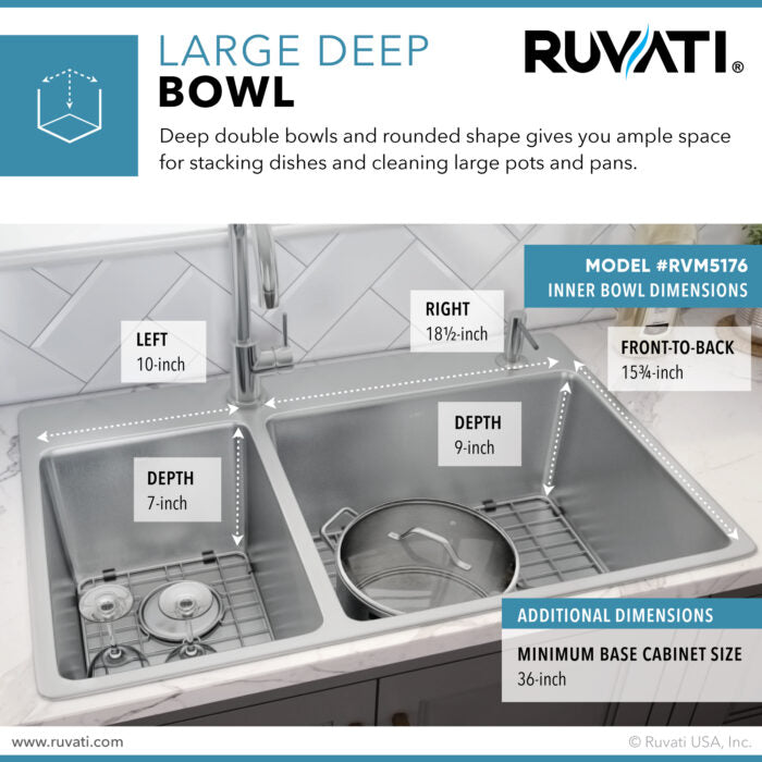 Modena Model: RVM5176 Ruvati 33 x 22 inch Drop-in Topmount Kitchen Sink 16 Gauge Stainless Steel 30/70 Double Bowl – RVM5176