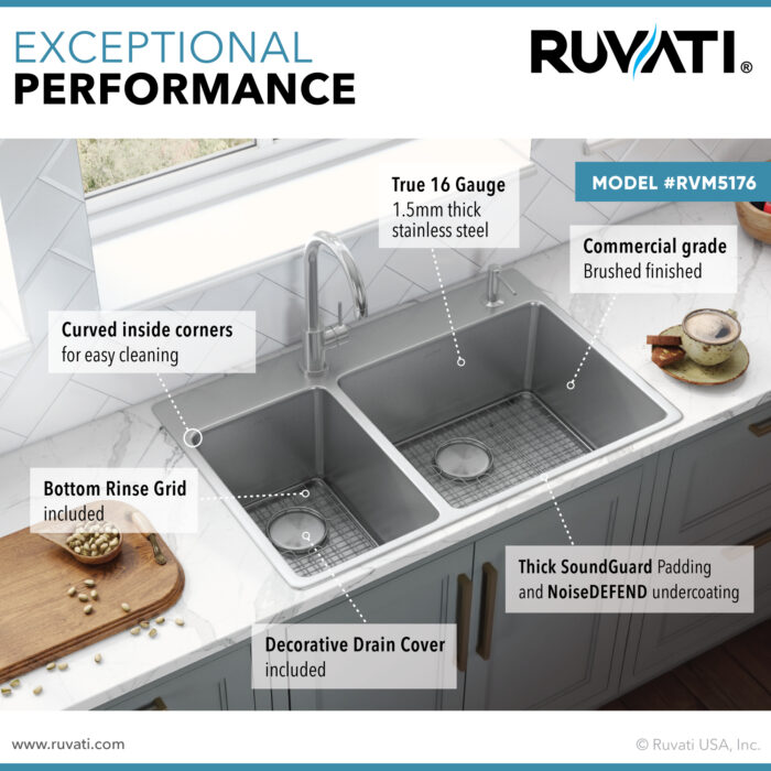 Modena Model: RVM5176 Ruvati 33 x 22 inch Drop-in Topmount Kitchen Sink 16 Gauge Stainless Steel 30/70 Double Bowl – RVM5176