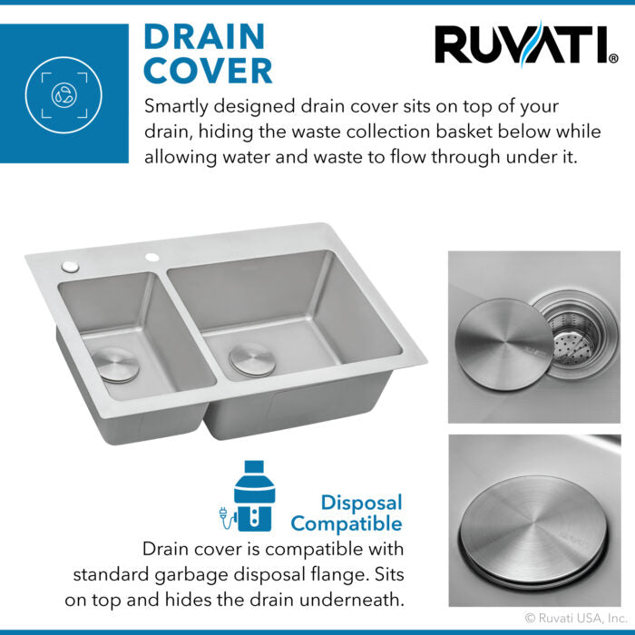 Modena Model: RVM5176 Ruvati 33 x 22 inch Drop-in Topmount Kitchen Sink 16 Gauge Stainless Steel 30/70 Double Bowl – RVM5176