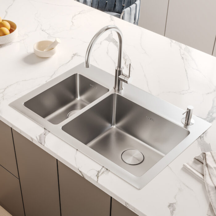 Modena Model: RVM5176 Ruvati 33 x 22 inch Drop-in Topmount Kitchen Sink 16 Gauge Stainless Steel 30/70 Double Bowl – RVM5176