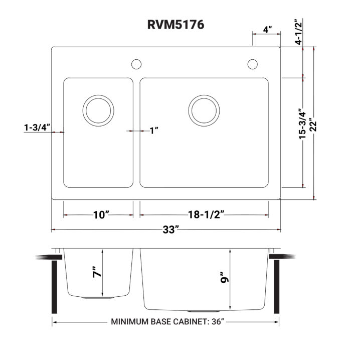 Modena Model: RVM5176 Ruvati 33 x 22 inch Drop-in Topmount Kitchen Sink 16 Gauge Stainless Steel 30/70 Double Bowl – RVM5176