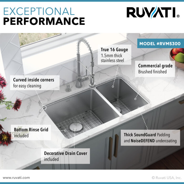 Modena Model: RVM5300 Ruvati 32-inch Undermount Kitchen Sink 70/30 Double Bowl 16 Gauge Stainless Steel – RVM5300