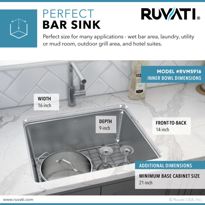 Modena Model: RVM5916 Ruvati 18-inch Undermount Bar Prep Kitchen Sink 16 Gauge Stainless Steel Single Bowl – RVM5916