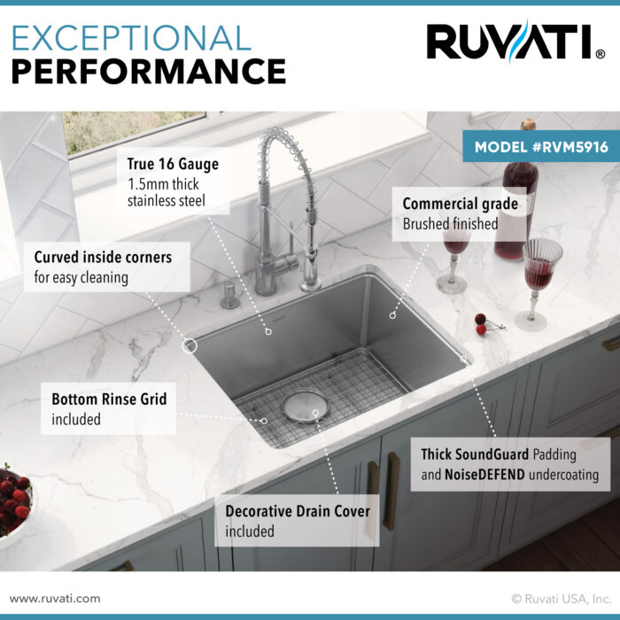 Modena Model: RVM5916 Ruvati 18-inch Undermount Bar Prep Kitchen Sink 16 Gauge Stainless Steel Single Bowl – RVM5916