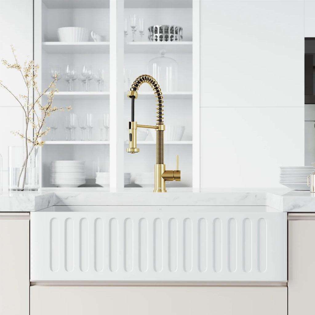 VIGO- Edison 19 in. Pull-Down Spring Kitchen Faucet In&nbsp;Matte Gold&nbsp;Model# VG02001MG
