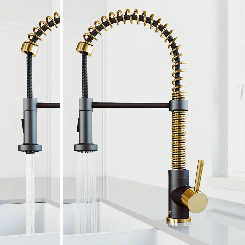 VIGO- Edison 19 in. Pull-Down Spring Kitchen Faucet In Matte Brushed Gold/Matte Black Model# VG02001MGMB
