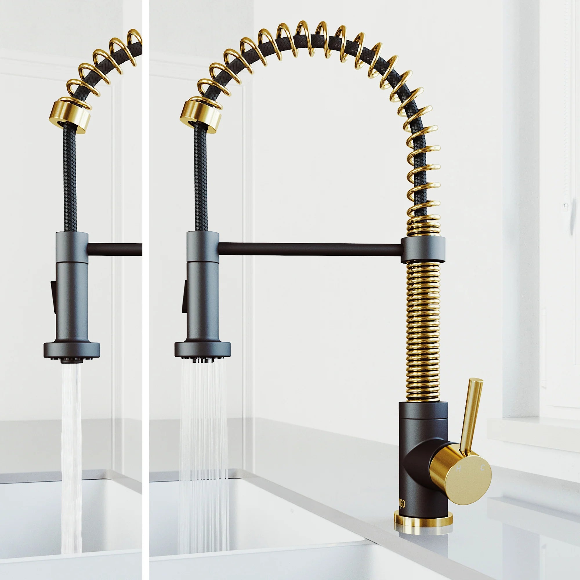 VIGO- Edison 19 in. Pull-Down Spring Kitchen Faucet In Matte Brushed Gold/Matte Black Model# VG02001MGMB